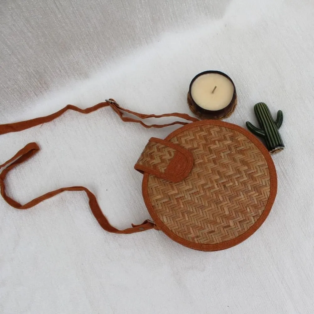 Handcrafted Round Shital Pati & Jute Sling Bag