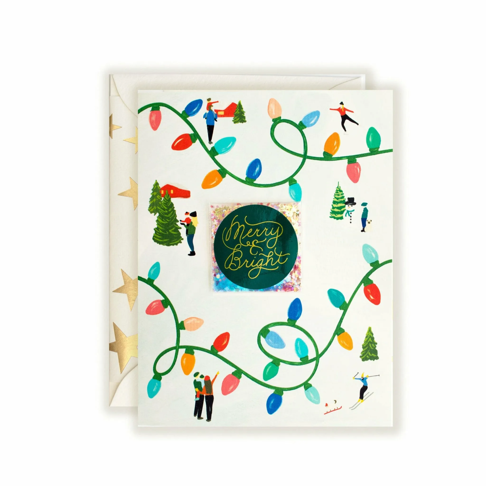 Merry & Bright Colorful Christmas Lights Holiday Card w/ Envelope