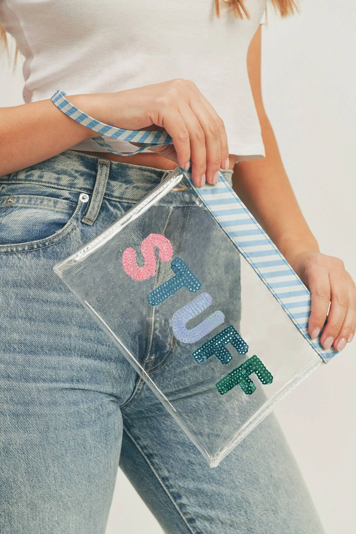 Sequin Letter Blue Trim Clear Pouch