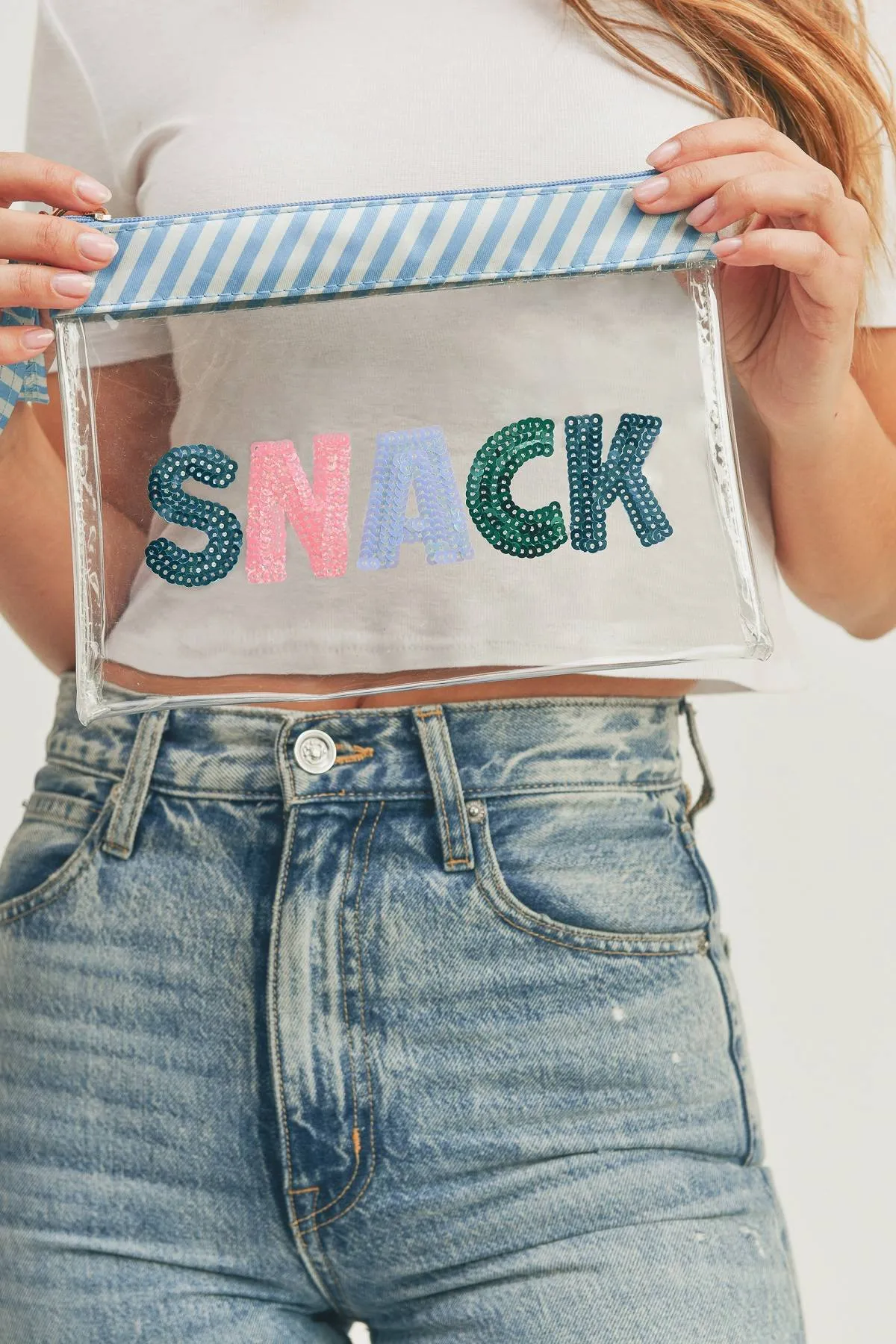 Sequin Letter Blue Trim Clear Pouch