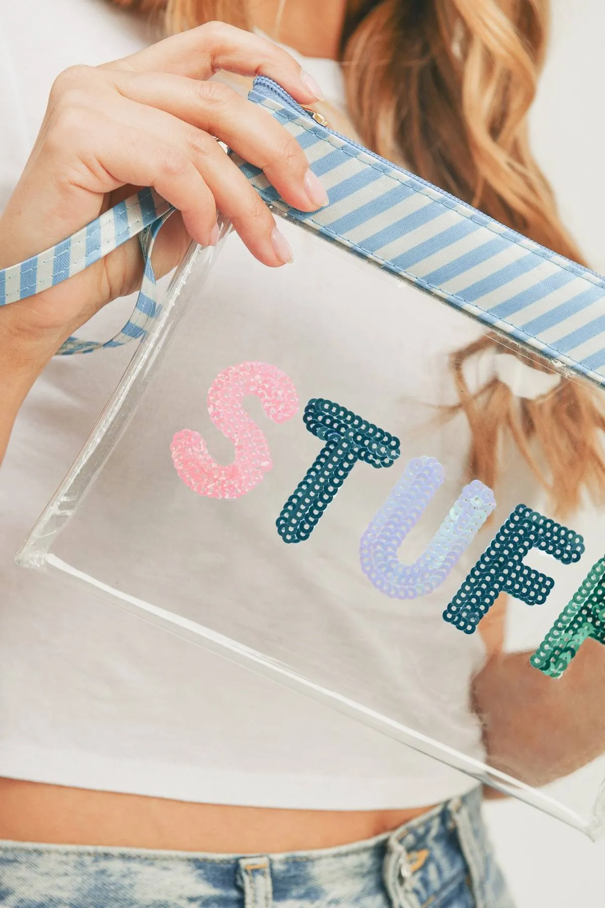 Sequin Letter Blue Trim Clear Pouch