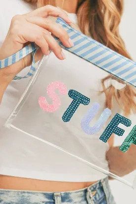 Sequin Letter Blue Trim Clear Pouch