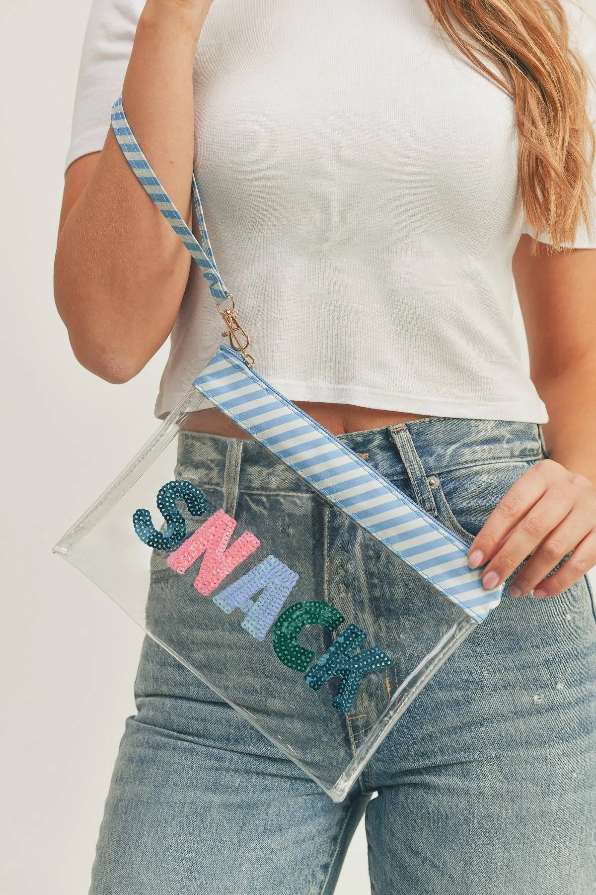 Sequin Letter Blue Trim Clear Pouch