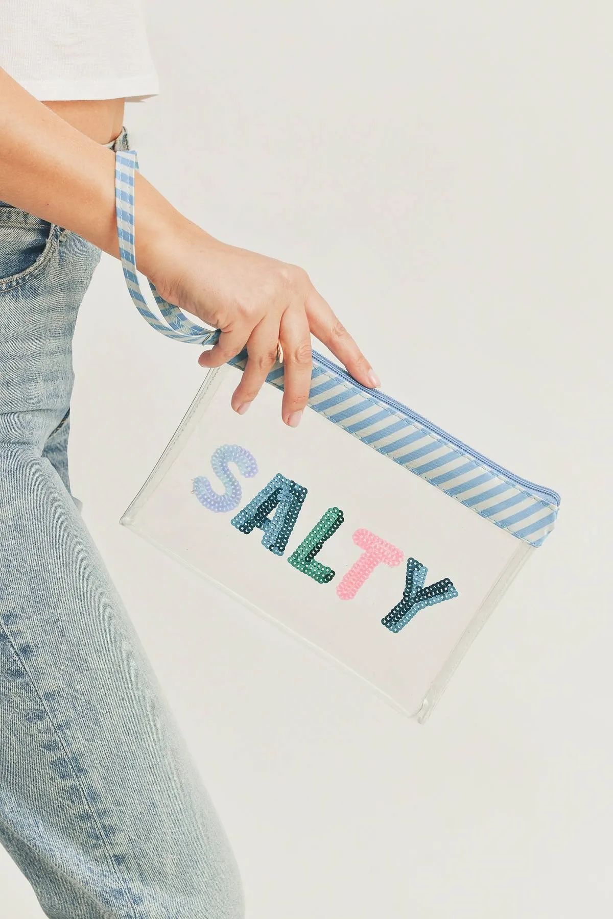 Sequin Letter Blue Trim Clear Pouch